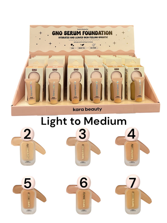 Face- Kara GNO Serum Foundation Light to Medium 2-7 (24pc display, $6.50 each)