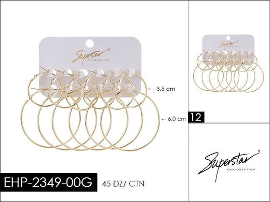 Jewelry- 6 pair Gold Hoop Earrings EHP-2349-00G (12pc pack)