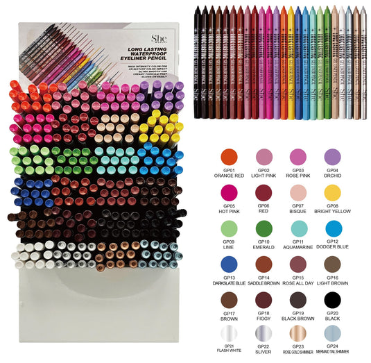 Eyes-SHE Long Lasting Waterproof Gel Eyeliner Pencil Set 24 Colors Full Display 12pcs/Color ($1 each, 288pcs)