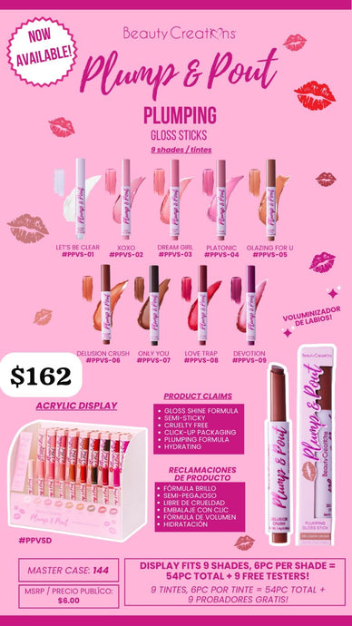 Lips- Beauty Creations Plump & Pout Plumping Gloss Sticks Display (54pcs + Samples)