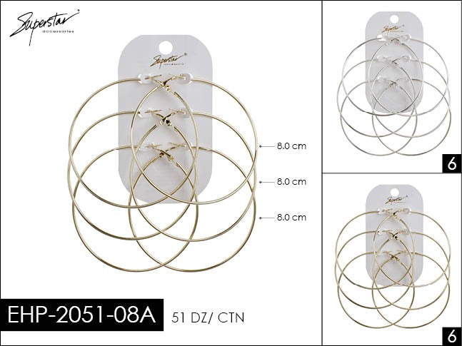 Jewelry- 3 Pair Gold/Silver Hoop Earring EHP-2051-08A (12pc pack)