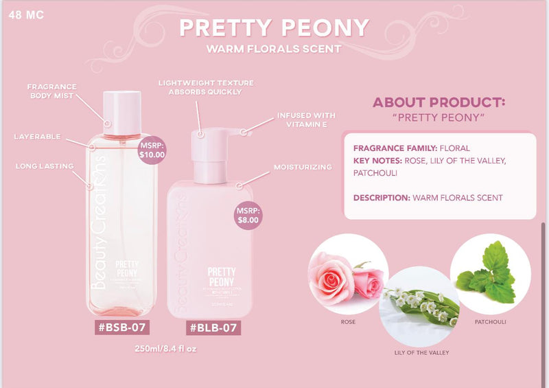 Load image into Gallery viewer, Skincare- Beauty Creations Fragrance Body Lotion &amp; Mist- BLBSSET-07 Pretty Peony (4pc bundle, $6.50 each)
