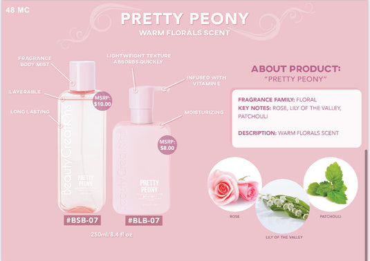 Skincare- Beauty Creations Fragrance Body Lotion & Mist- BLBSSET-07 Pretty Peony (4pc bundle, $6.50 each)