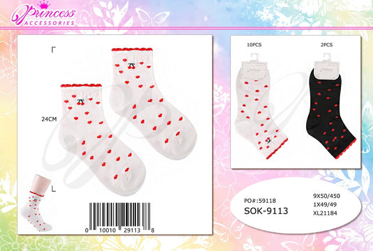Accessories-Cherry and Hearts Socks Black and White SOK-9113 (12pc pack)