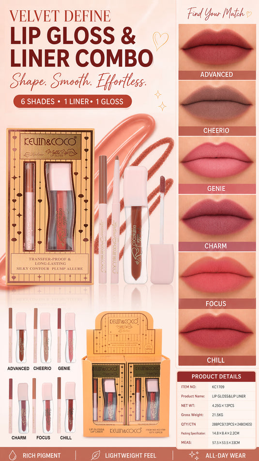 Lips-Kevin&Coco Velvet Define Lip Gloss & Liner Combo KC1709 ($1.50 each, 12pc display)