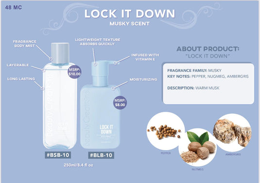 Skincare- Beauty Creations Fragrance Body Lotion & Mist- BLBSSET-10 Lock It Down (4pc bundle, $6.50 each)