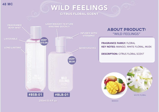 Skincare- Beauty Creations Fragrance Body Lotion & Mist- BLBSSET-01 Wild Feeling (4pc bundle, $6.50 each)