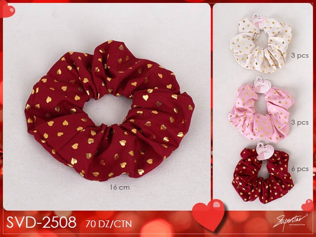 Hair- Valentine Gold Hearts Scrunchies SVD-2508 (12pc pack)