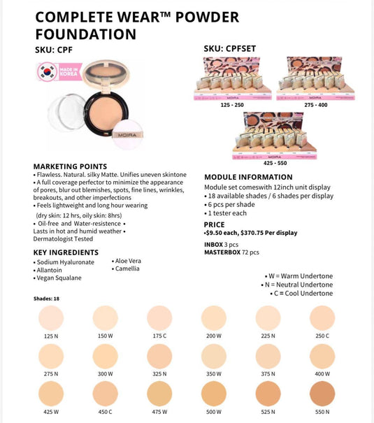 Face-Moira Complete Wear Powder Foundation #CPFSET ($9.50 each, 36pc display + tester)