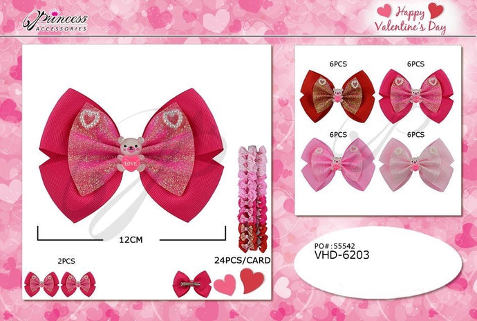 Hair- Valentine Sparkle Heart Teddy Hair Bows VHD-6203 (24pc strip)