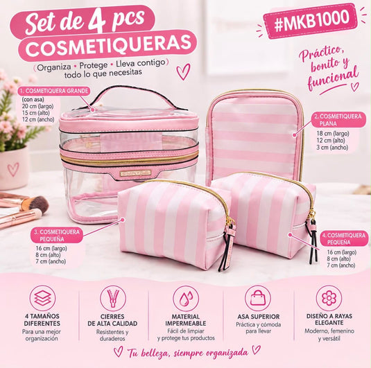 Novelties-Simply Bella 4pc Makeup Bags MKB1000-Pink Stripes (1 pc)