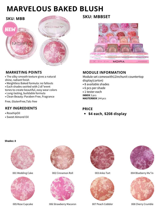 Face-Moira Marvelous Baked Blush Display  #MBBSET ($4 each, 48pc display + Tester)