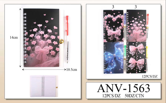 Novelties-Bow & Floral Spiral Notebook & Pen Set ANV-1563 (12pc pack)