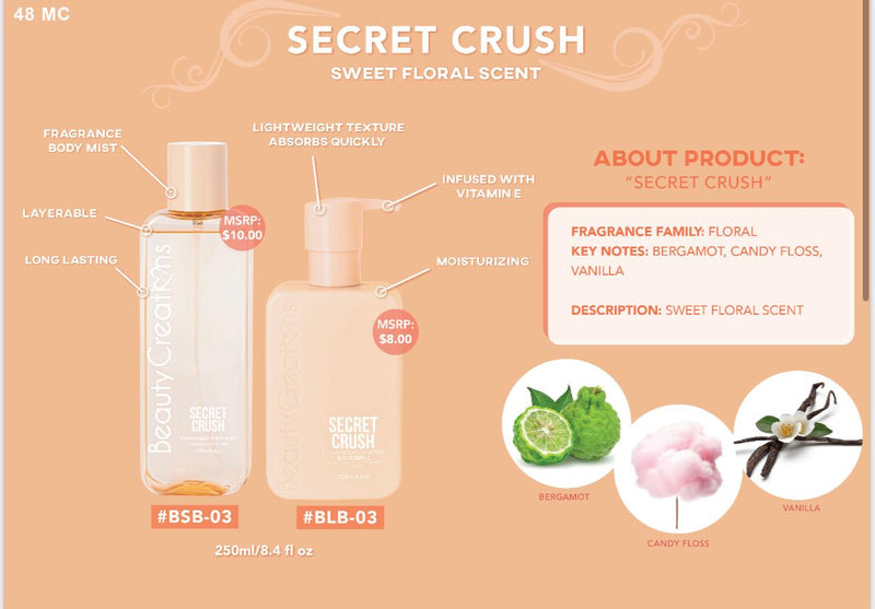 Load image into Gallery viewer, Skincare- Beauty Creations Fragrance Body Lotion &amp; Mist- BLBSSET-03 Secret Crush (4pc bundle, $6.50 each)
