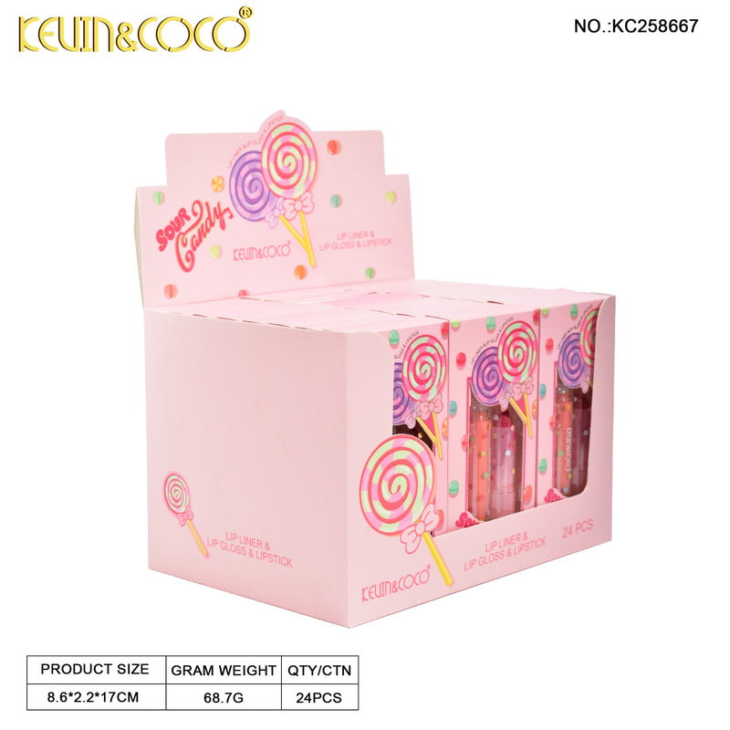 Load image into Gallery viewer, Lips-Kevin&amp;Coco Sour Candy Lip Liner, Lip Gloss &amp; Lipstick Set KC258667 ($2 each, 24pc display)
