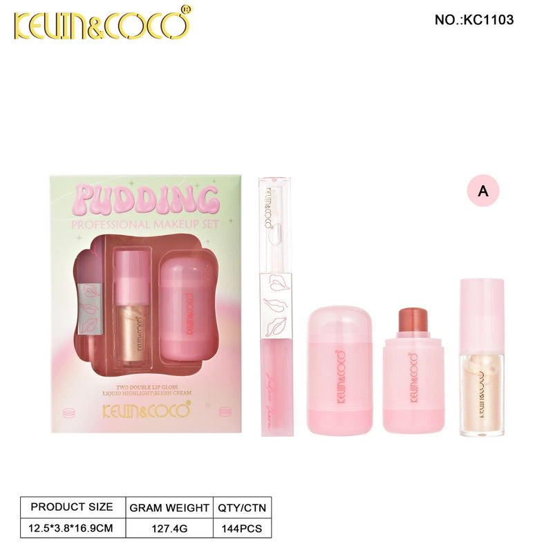 Load image into Gallery viewer, Face-Kevin&amp;Coco Pudding Makeup Set- Blush, Highlight and Lip Gloss KC1103-A ($3 each, 12pc display)
