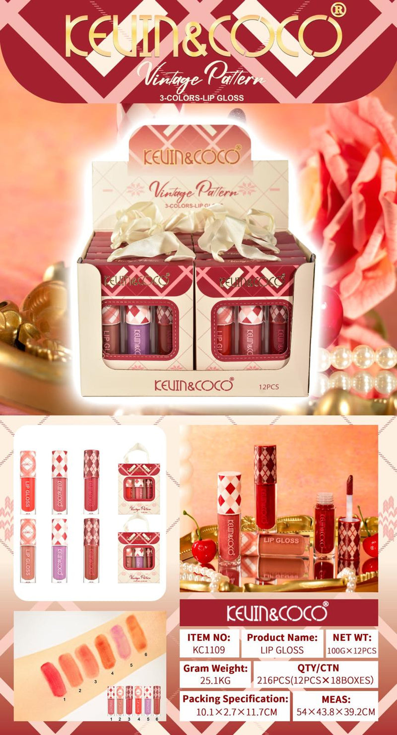 Load image into Gallery viewer, Lips-Kevin&amp;Coco Vintage Pattern Collection Lip Gloss KC1109 ($3 each, 12pc display)
