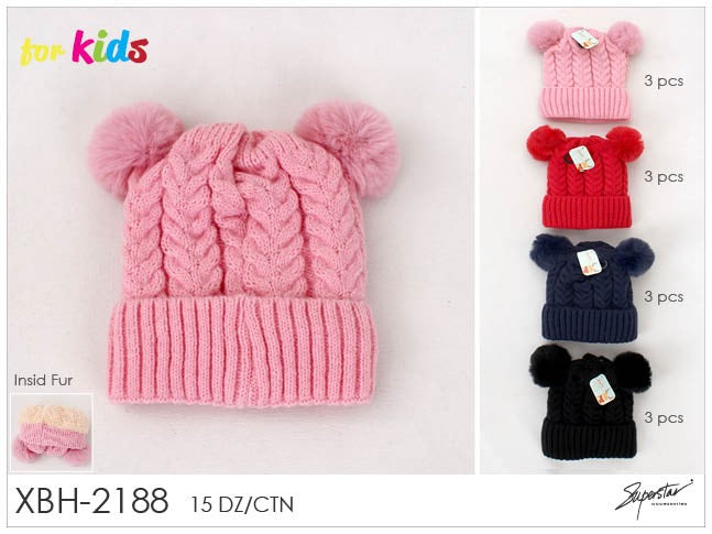 Hair- Kids Double Cozy Pom Pom Beanie XBH-2188 (12pc pack)