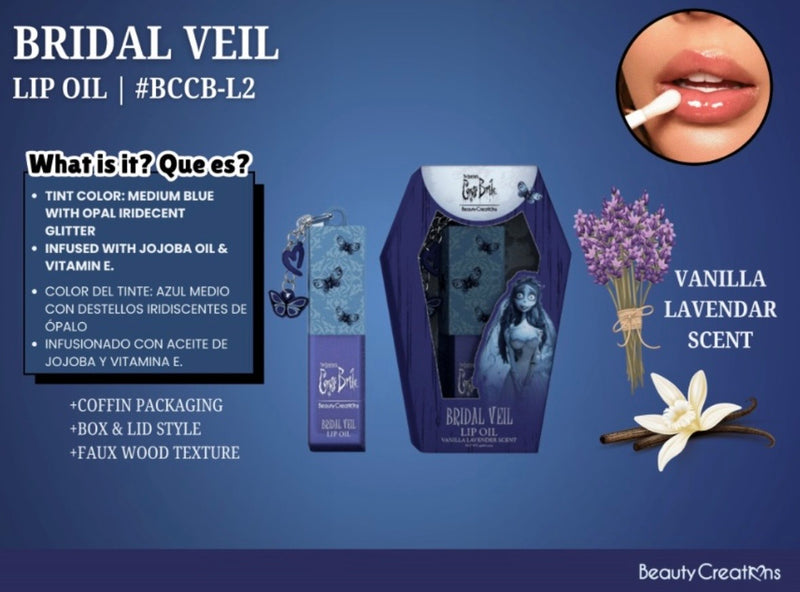 Load image into Gallery viewer, Lips-Beauty Creations Tim Burton’s Corpse Bride Lip Oil Bridal Veil #BCCB-L2 ($4 each, 6pc bundle)
