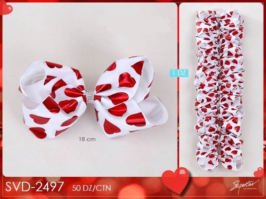 Hair- Valentine Shiny Heart Hair Bows SVD-2497 (24pc strip)