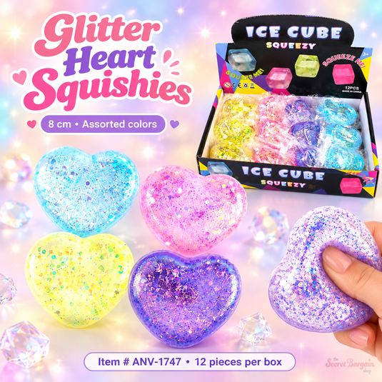 Accessories- Glitter Heart Squishy Toy in Pastel Colors ANV-1747 (12pc pack)