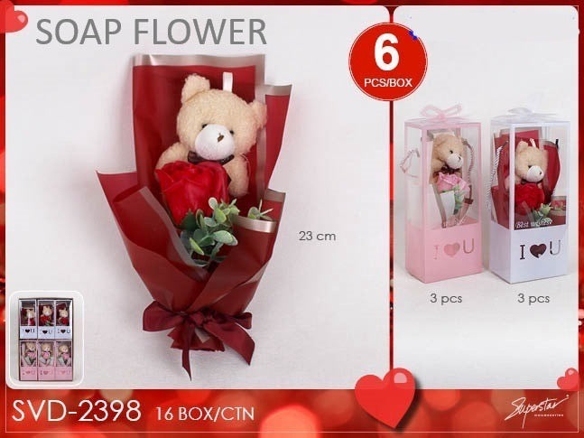 Novelties- Valentine Teddy Bear Soap Flower Bouquet SVD-2398 (6pc pack)