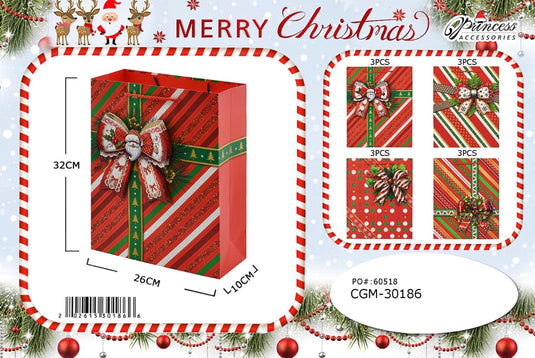 Accessories-Striped Christmas Gift Bags with Bow Print CGM-30186 (12pc pack)