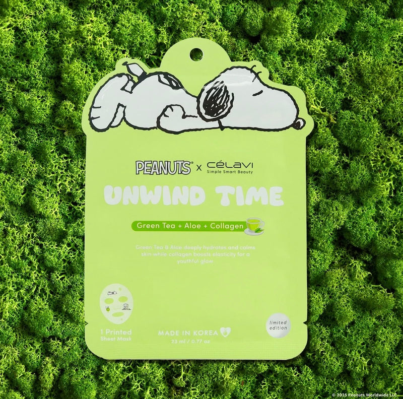 Load image into Gallery viewer, Skincare-Celavi X Peanuts Unwind Time (Green Tea + Aloe + Collagen) Face Mask P70141-1 (24pcs pack)
