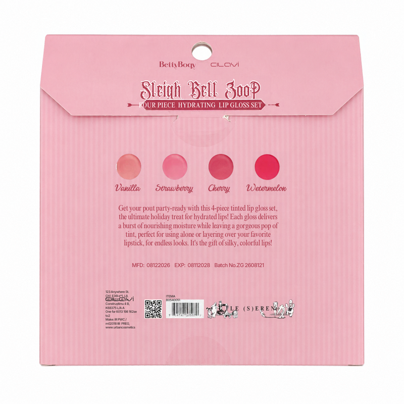 Load image into Gallery viewer, Lips-Celavi x Betty Boop Sleigh Bell Boop 4pc Hydrating Lip Gloss Set B50566HR3 ($4 each, 4pc bundle)
