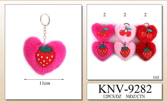 Accesories-Fruit Heart Pom Pom Keychain KNV-9282 (12pc pack)