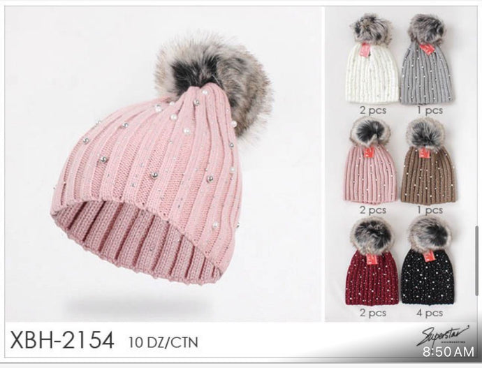 Hair- Pearl & Rhinestone Pom Pom Beanie XBH-2154 (12pc pack)