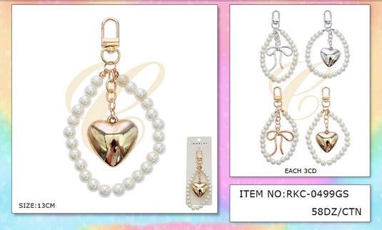 Accessories-Pearl Loop Heart & Bow Keychain in Gold & Silver RKC-0499GS (12pc pack)