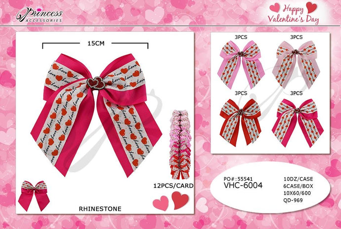 Hair- Valentine Love Heart Ribbon Hair Bows VHC-6004 (12pc strip)