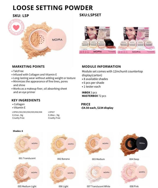 Face-Moira Loose Setting Powder Display 8 Shades 1-8 (48pc display + Tester)