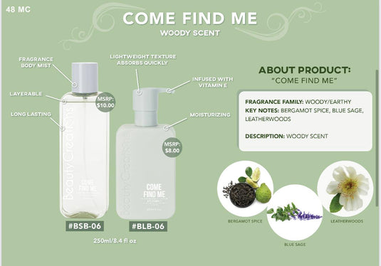 Skincare- Beauty Creations Fragrance Body Lotion & Mist- BLBSSET-06 Come Find Me (4pc bundle, $6.50 each)