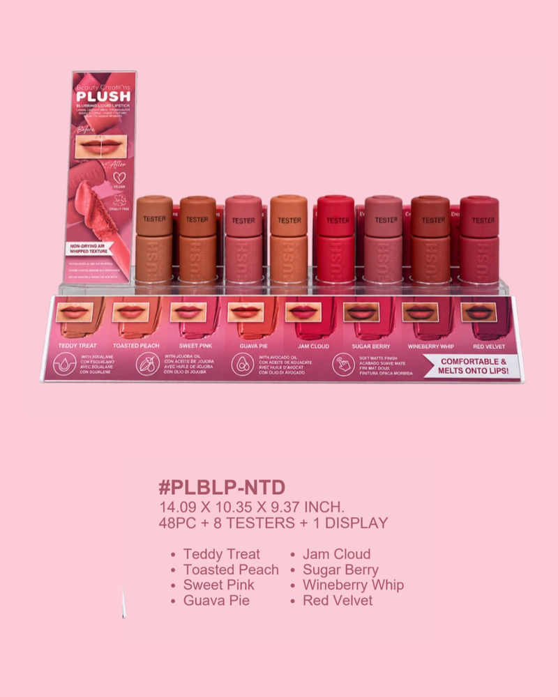Load image into Gallery viewer, **Pre-Order** Lips-Beauty Creations Plush Collection Blurring Soft Matte Liquid Lipstick Small Display #PLBLP-NTD (48pc Display + Testers)

