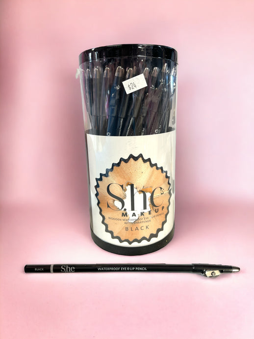 Eyes- SHE BLACK Lip/Eye Wooden Waterproof Pencil with sharpener Jar LPS01 (72pc Jar)