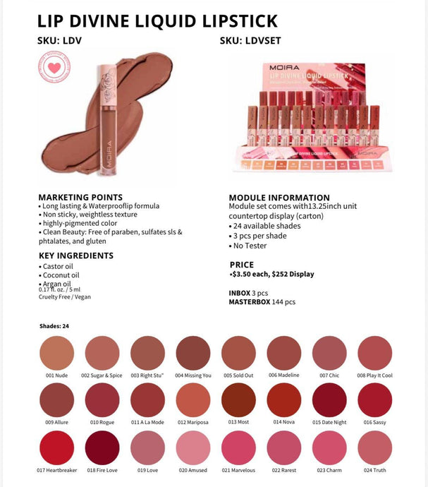 Lips-Moira Lip Divine Liquid Lipstick #LDVSET ($3.50 each, 72 pc display)
