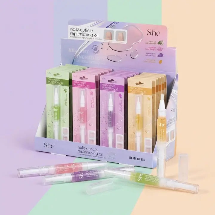 Load image into Gallery viewer, Skincare-She Makeup Nail &amp; Cuticle Replenishing Oil SN515 ($1.12 each, 24pc display)
