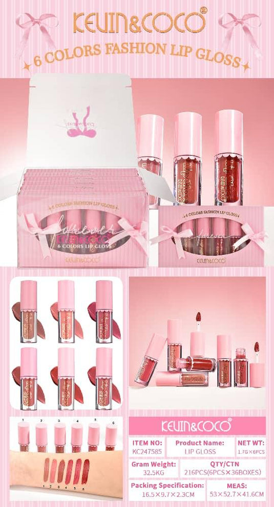 Lips-Kevin&Coco 6 Colors Bow Lip Gloss KC247585 ($3 each, 6pc display)