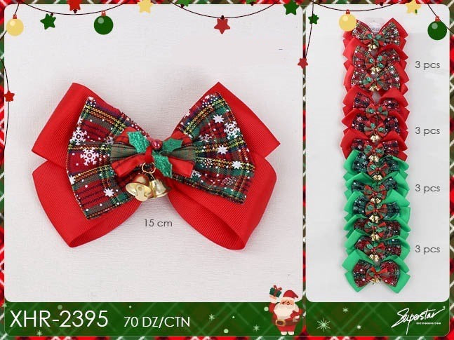 Hair- Xmas Plaid Jingle Bell Hair Bow XHR-2395 (12pc strip)