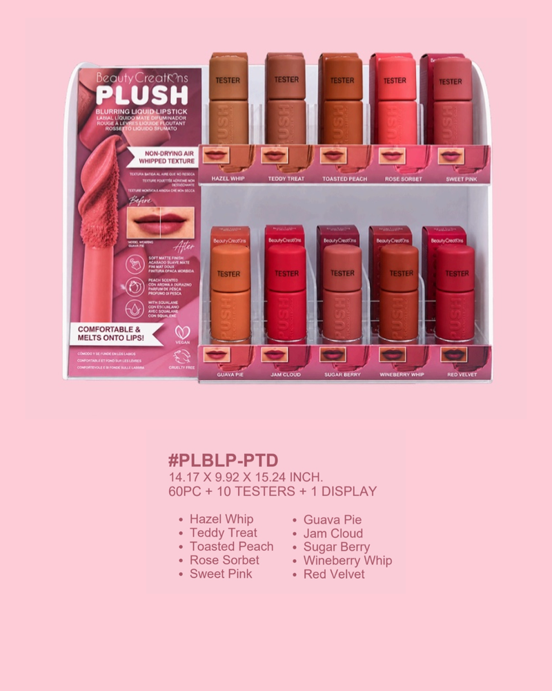 Load image into Gallery viewer, **Pre-Order** Lips-Beauty Creations Plush Collection Blurring Soft Matte Liquid Lipstick Big Display #PLBLP-PTD (60pc Display + Testers)

