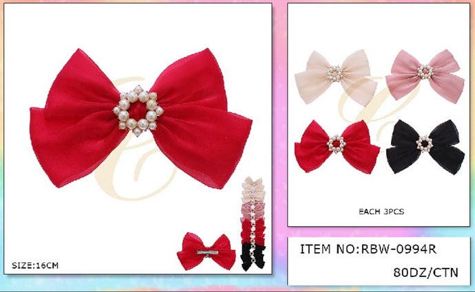 Hair-Cute Hair Bow With Pearls RBW-0994R (12pc Strip)