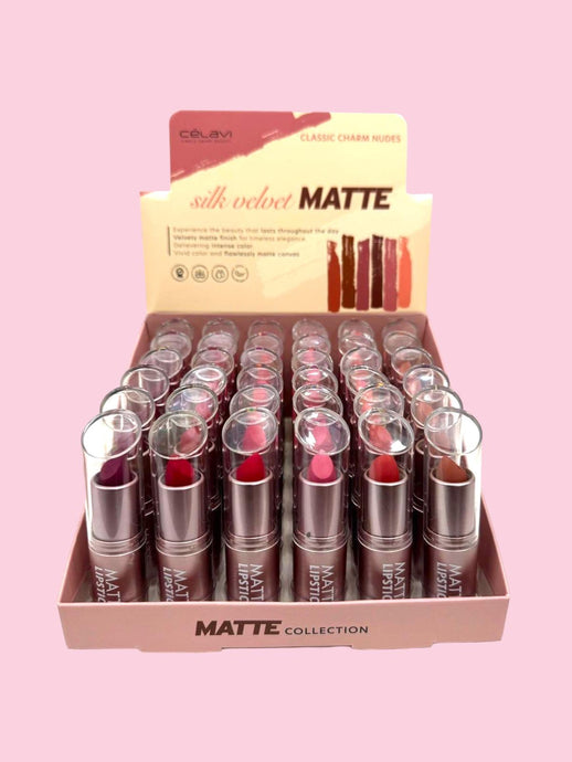 Lips- Celavi Silk Velvet Matte Lipstick- Classic Charm Nudes COSMLS019 (36pc display)