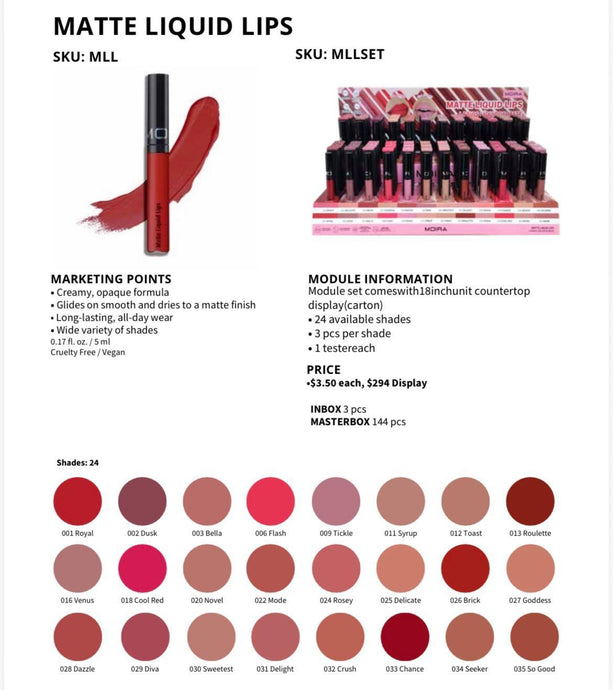 Lips-Moira Matte Liquid Lips  #MLLSET ($3.50 each, 72pc display+ tester)