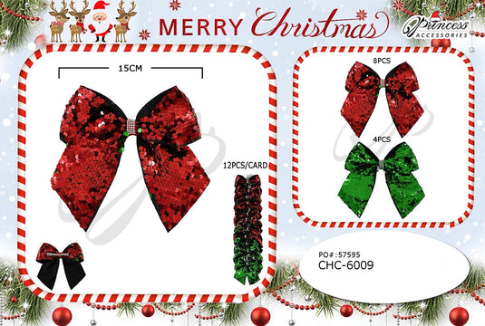 Hair- Xmas Red/Green Sequin Hair Bows CHC-6009 (12pc strip)