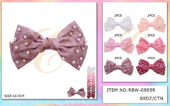 Hair-Cute Hair Bow With Pearls RBW-0995R (12pc Strip)