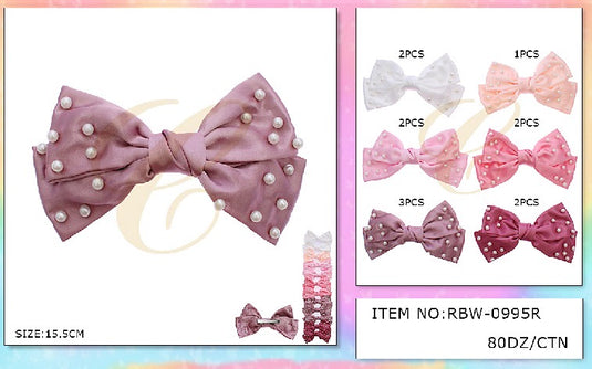 Hair-Cute Hair Bow With Pearls RBW-0995R (12pc Strip)