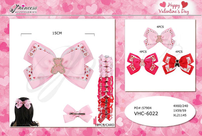 Hair- Valentine Teddy Hair Bows VHC-6022 (12pc strip)