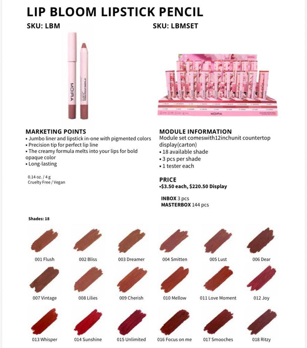 Lips-Moira Lip Bloom Lipstick Pencil #LBMSET ($3.50 each, 54pc display + tester)